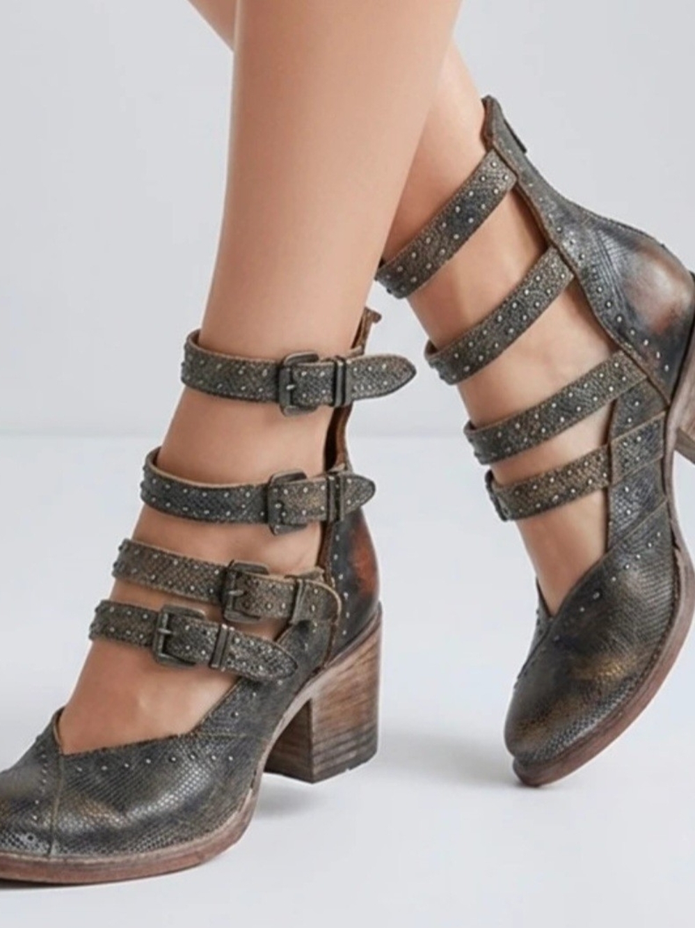 freebird Felicity Studded Multi-Strap Ankle Block Heels